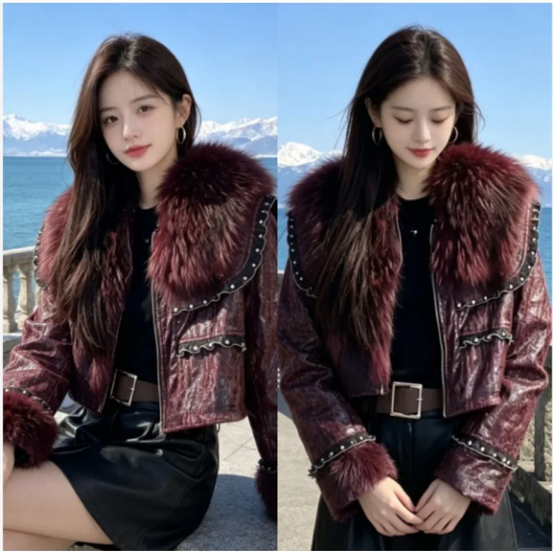 Light Luxury Down Jacket with Textured Leather, Heavy-duty Design, Large Fur Collar, Exuding Noble Demeanor, Winter Warm Coat