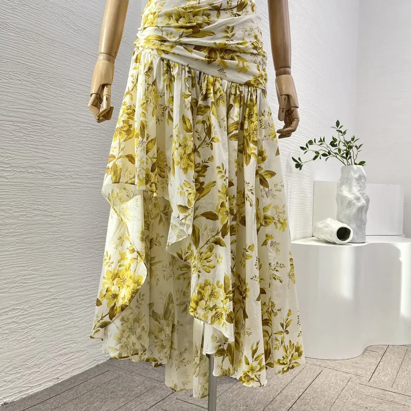 2025, neuer Stil, weiß, gelb, Blumendruck, ärmellos, asymmetrische Schulter, Ausschnitt an der Taille, unregelmäßiger Saum, Maxikleid