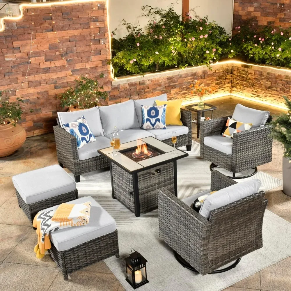 

7 Pieces Patio Furniture Set with Square Fire Pit Table, Swivel Rocking Chairs, Outdoor High Back Wicker Rattan