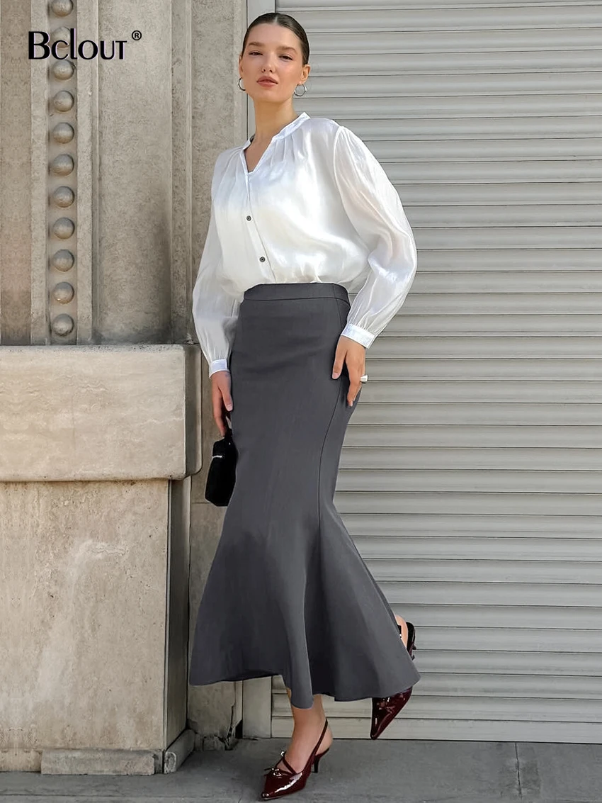 Bclout Fashion Brown Slit Long Skirts Female Vintage High Waist Office Lady Trumpet Skirts Elegant Gray Loose Party Skirts Women