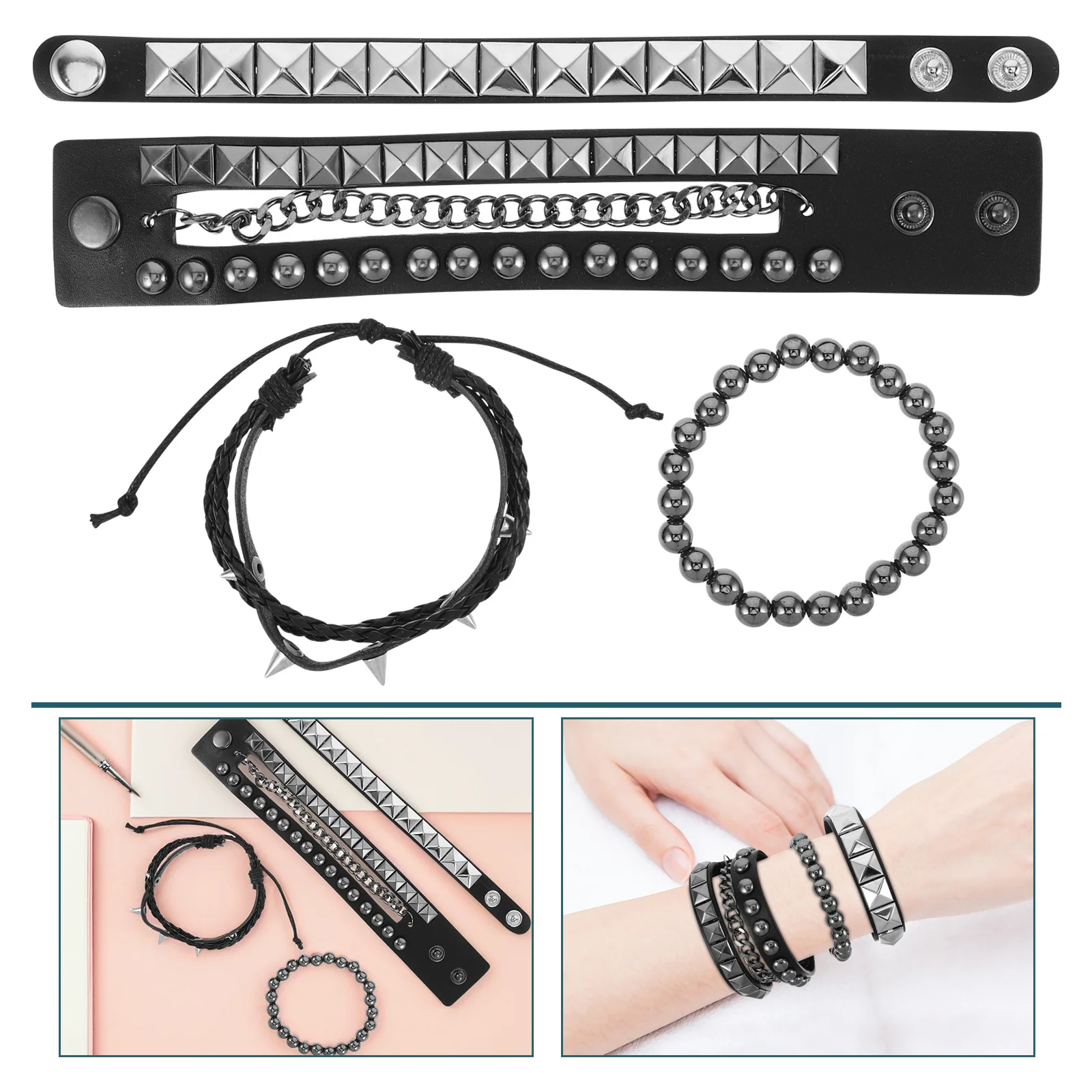 

4Pcs Punk Chain Bracelet Multi Layered 80s Retro Studded Rivets Adjustable Fake Cuff Hip Hop Jewelry Men