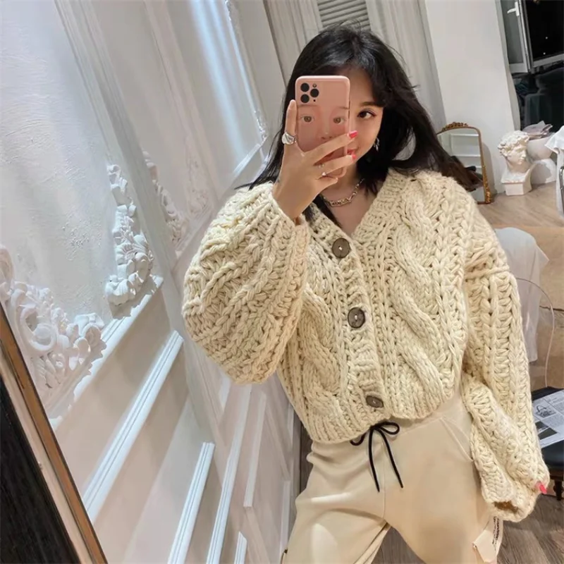 Cable Knit Drop Shoulder Button Front Cardigan V-Neck Hand-knit Chunky Sweater Tops Autumn/Winter Woman Clothing