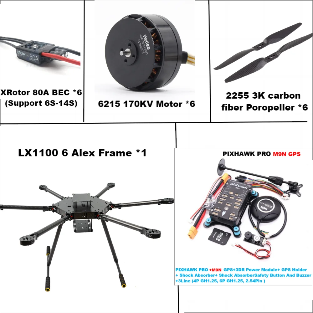 

LX1100 PRO M9N Full Carbon Fiber 1100mm Hexa-Rotor Frame X-Roter 80A ESC PX4 Pixhawk Flight Control Set 6215 Motor