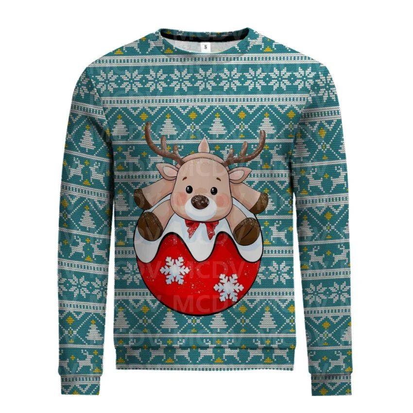 Sweater Natal Elk 3D Kasual Pria Wanita, Sweatshirt rajut untuk Pullover hadiah Natal