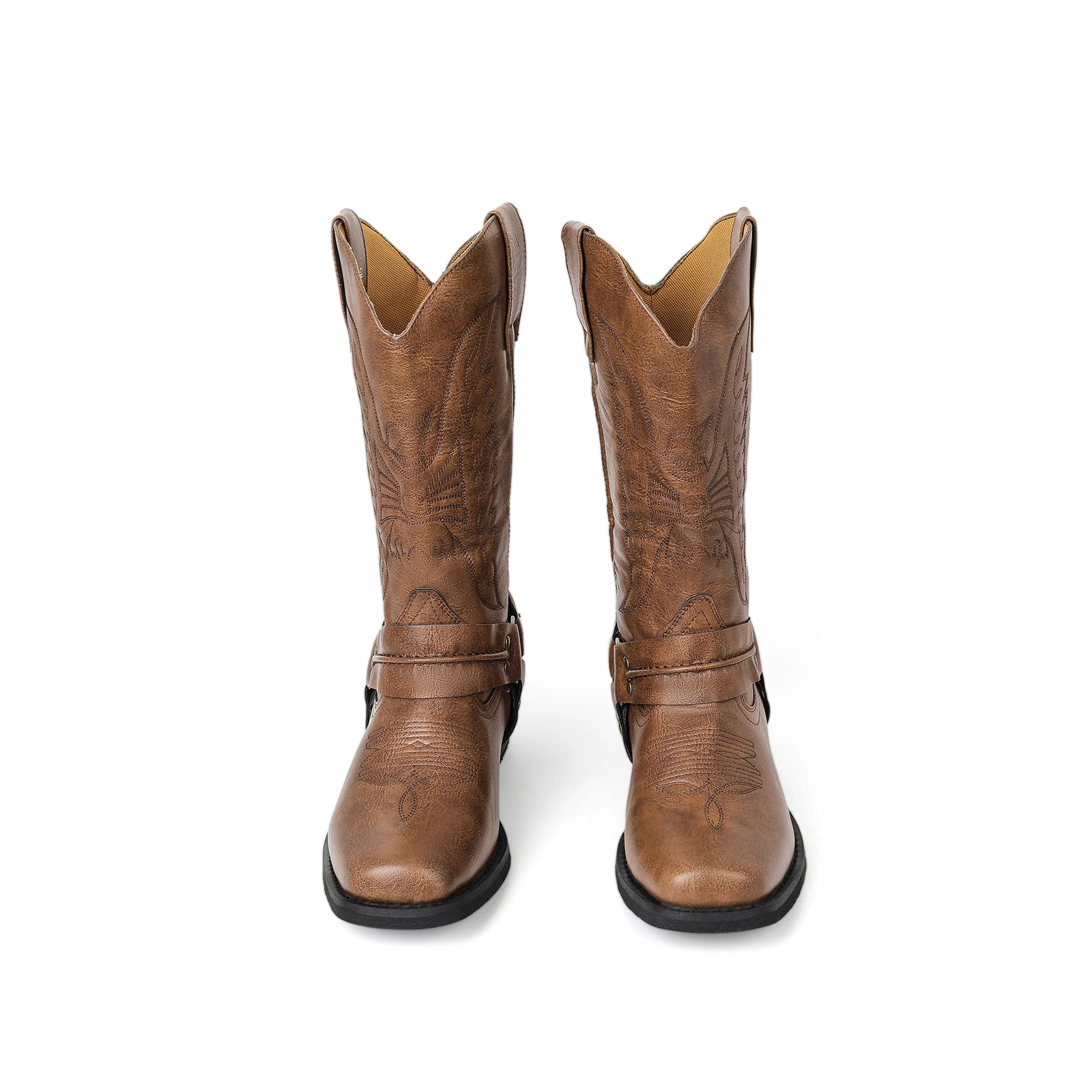 Męskie kowbojki motocyklowe w stylu western, jesienne buty outdoorowe ze skóry PU z motywem totemu, buty do połowy łydki w stylu retro na kwadratowym obcasie, buty na Halloween.