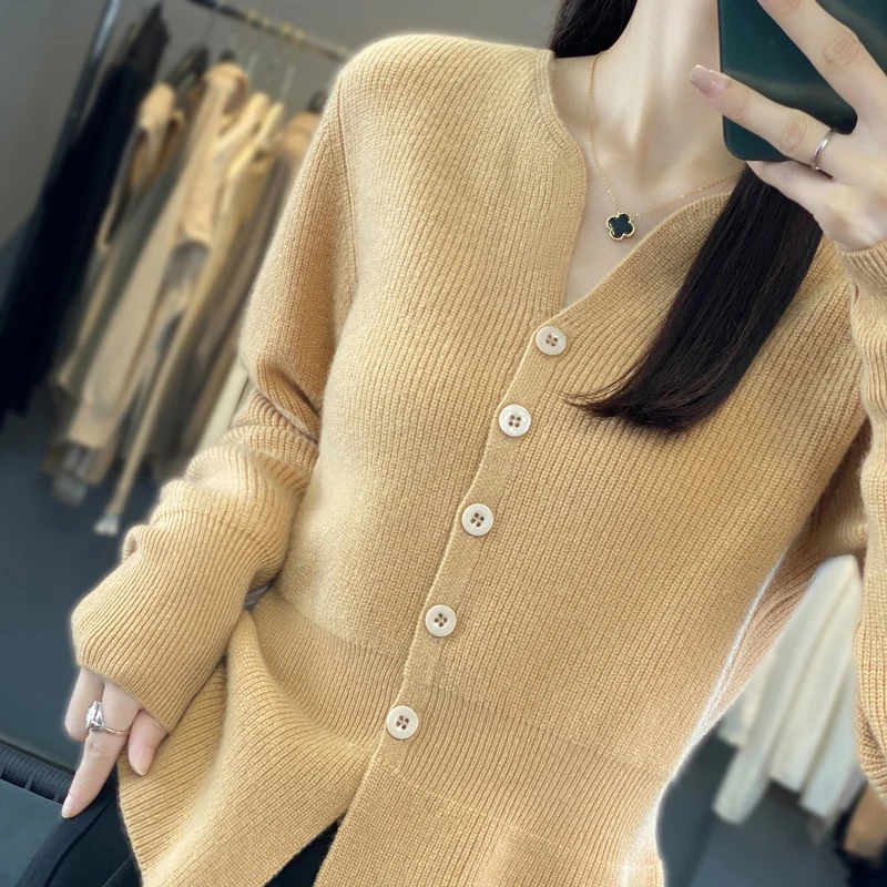 Women Knitwears 100% Pure Wool Knitted Cardigans Hot Sale Winter Vneck soft Warm Jumpers Female Tops