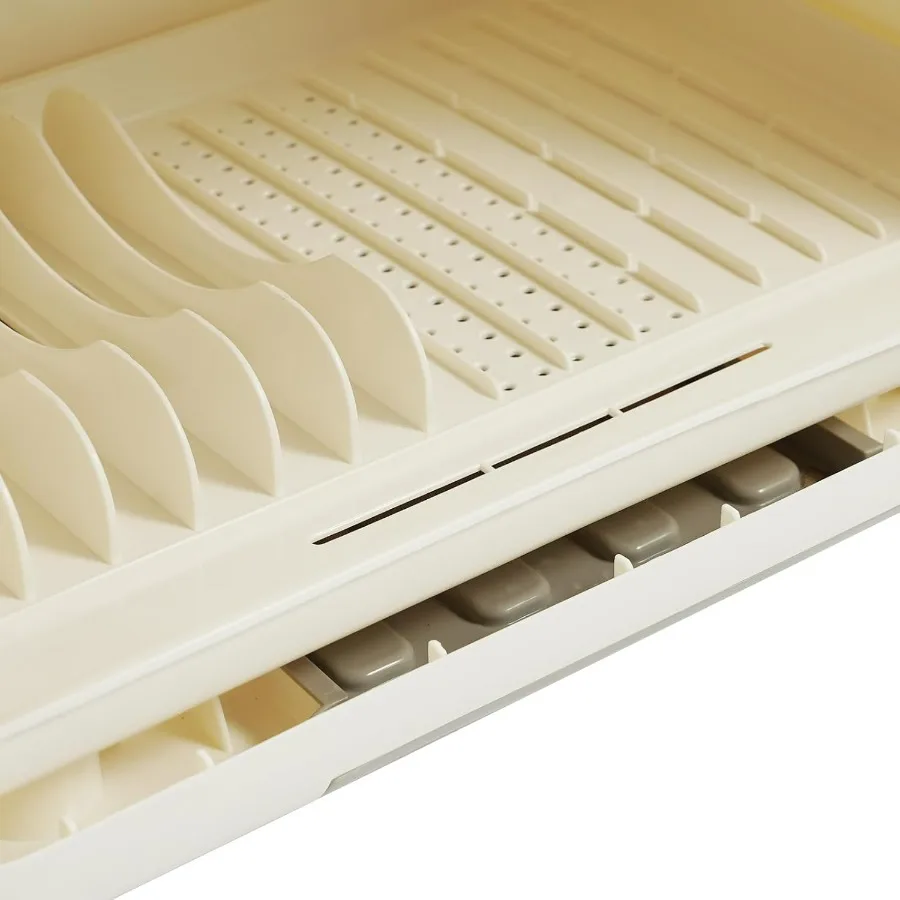 رف تجفيف الأطباق بطبقتين مع غطاء، صندوق تجفيف أطباق المطبخ مقاس 14.5 × 10 × 19.7 بوصة، منظم أطباق بلاستيكي من البولي بروبيلين مع تجفيف أدوات المائدة