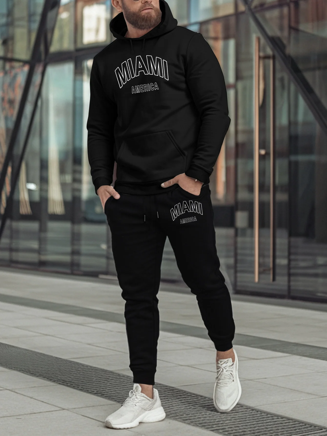 American-style youth fall-winter hooded sweatshirt set, new men's trendy printed hooded shirt, men's casual sports outfit