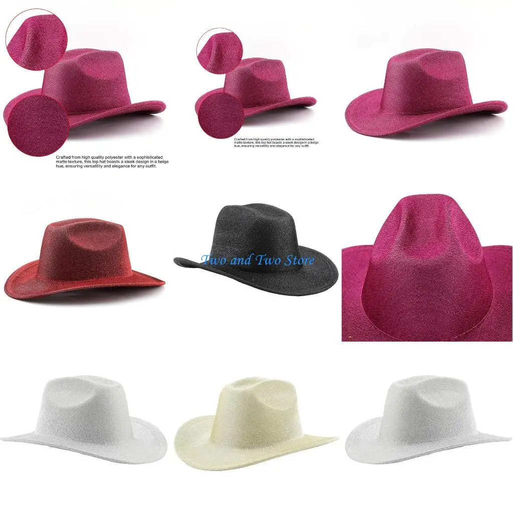

HX6F Ethnic Cowboy Hats Western Rolled Brims Shimmering Hat Outdoor Sunproof Cowgirl Hat for Adult Driving Traveling Riding