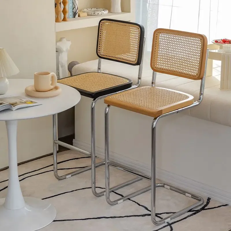 Retro Rattan Bar Stool, Counter Stool with Metal Frame , Stylish Bar Chair for Kitchen Island, Home Bar Mid-Century Modern Decor