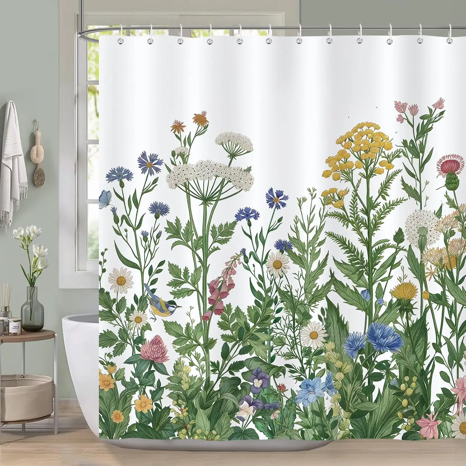 Waterproof Floral Botanical Shower Curtain Bathroom Decor Watercolor Greenery Liner for Modern Bathrooms