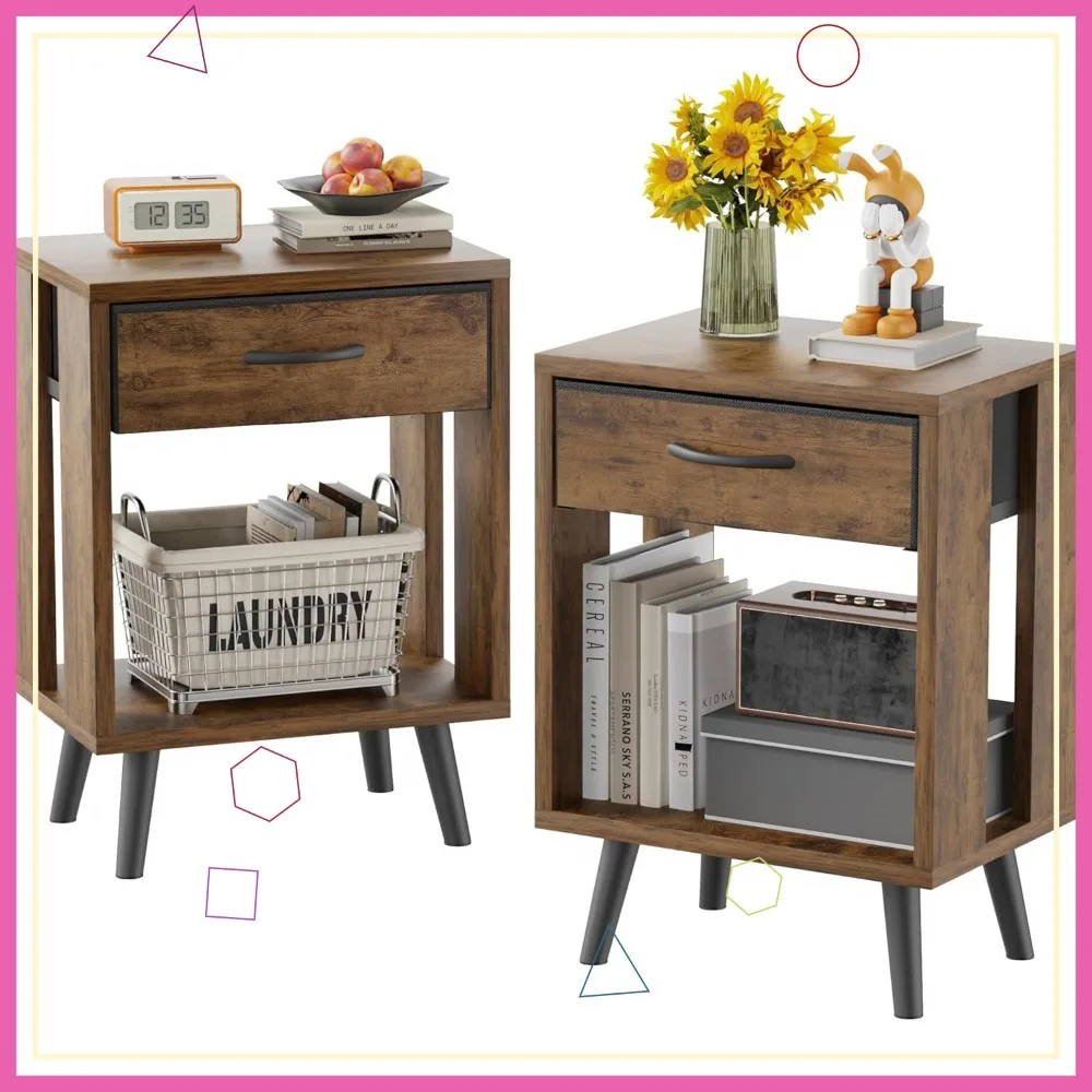 

Современный набор из 2 тумбочек с тканевыми ящиками и открытыми полками, коричневые прикроватные тумбочки в деревенском стиле для небольших помещений