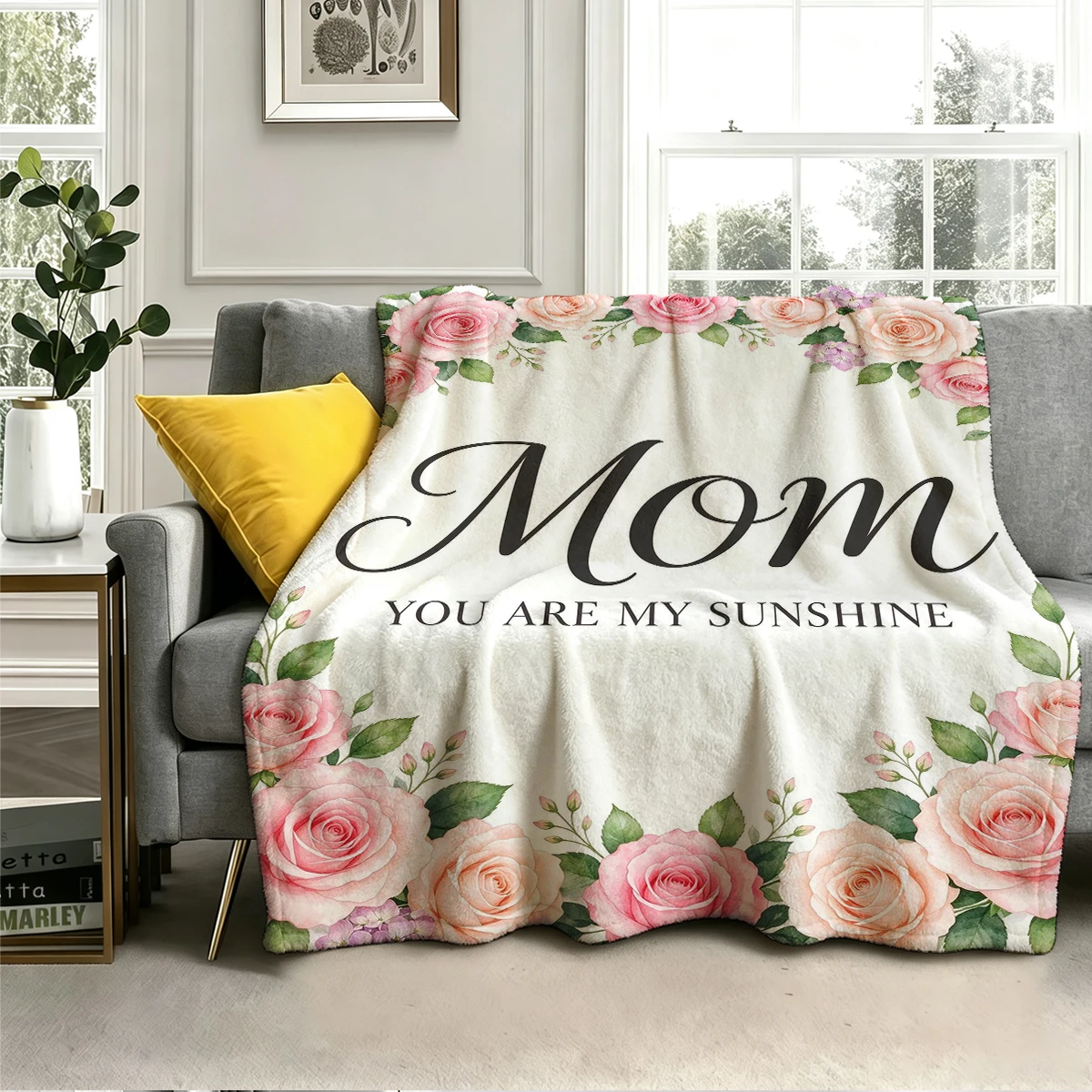 Mom Sunshine Rose White Flannel Blanket Soft Cozy Throw Blanket for Bed Sofa Couch Fuzzy Plush Bed Cover