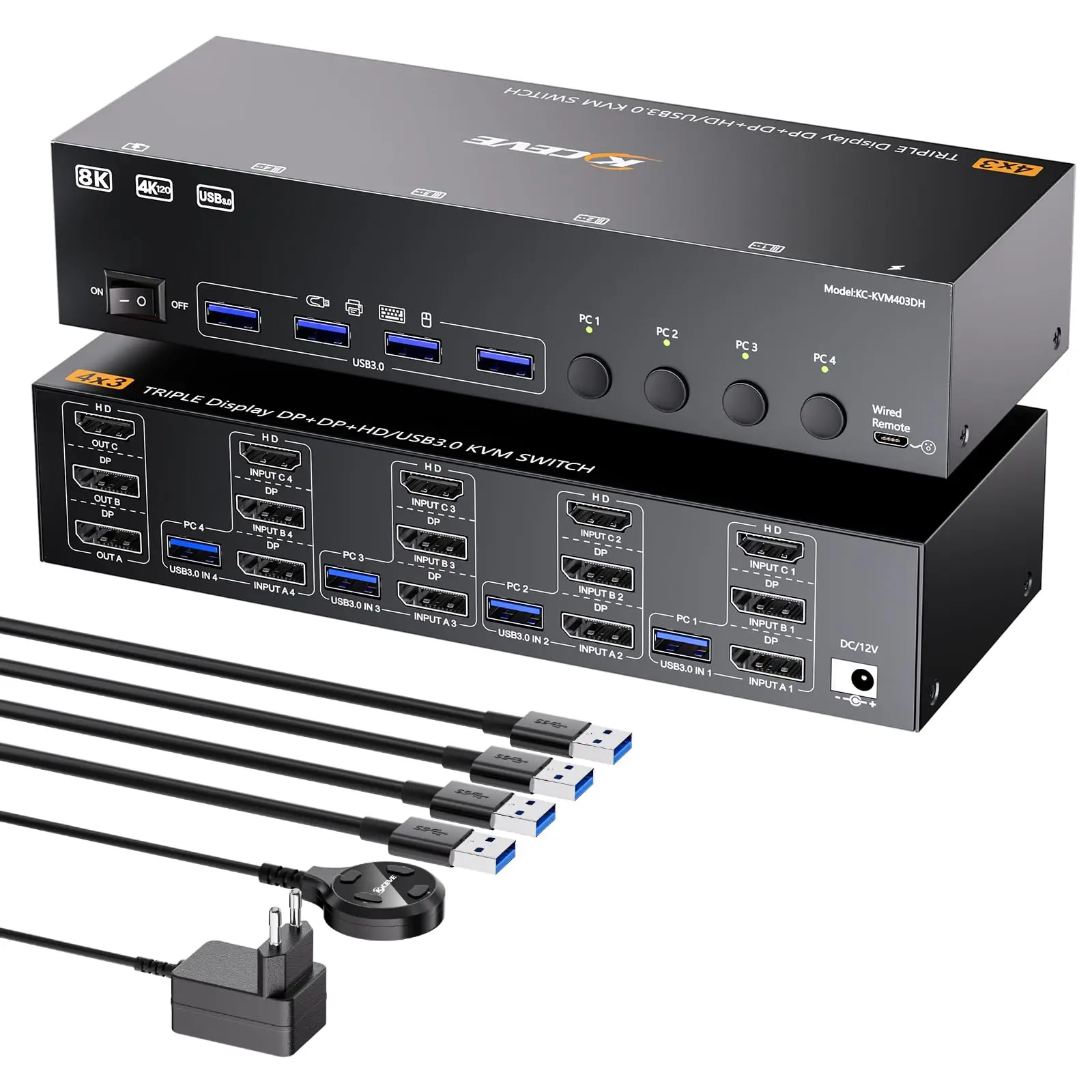 8K@60Hz KVM Switch 4/3/2 Computers 3 Monitors,HDMI + 2Displayport KVM Switch Triple Monitors for 4/3/2 PCs share 4 USB 3.0 Ports