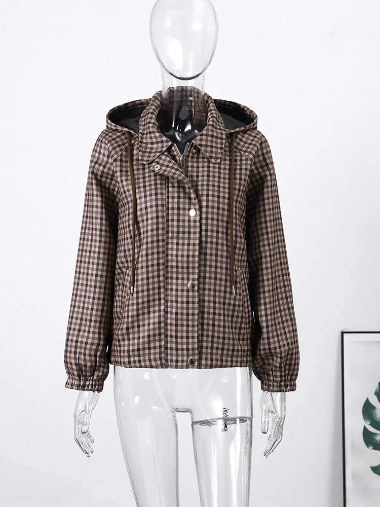 

Новая женская винтажная куртка-пальто в клетку с капюшоном, с отложным воротником, с длинными рукавами, повседневная, шикарная, укороченная верхняя одежда для женщин