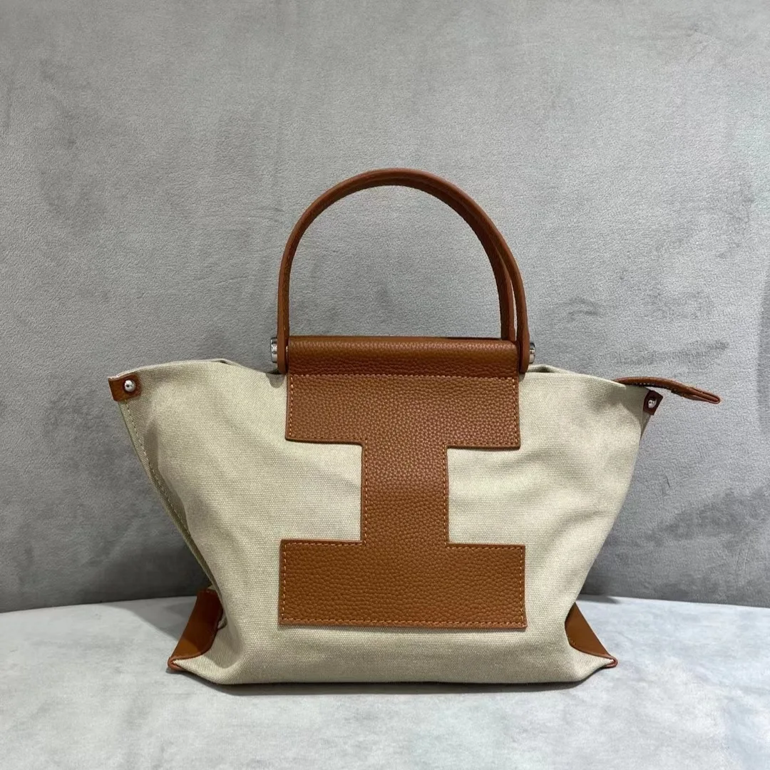 

IACUCCI New 2025 Canvas Genuine Leather Bag I-Strap Tote Shopping Bag Niche Color-Block Commuter Women's Bag