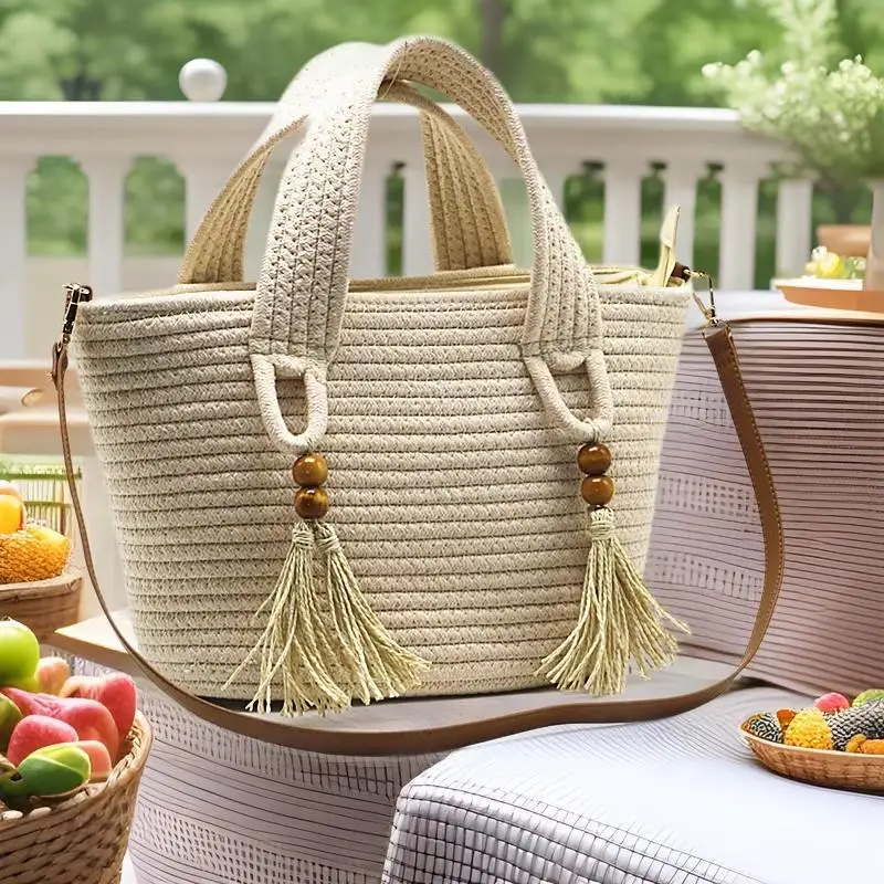 

Cotton thread rope woven hand-held basket handbag 2025 New Tote Bag Summer Seaside Resort Style Large Capacity Woven Bag