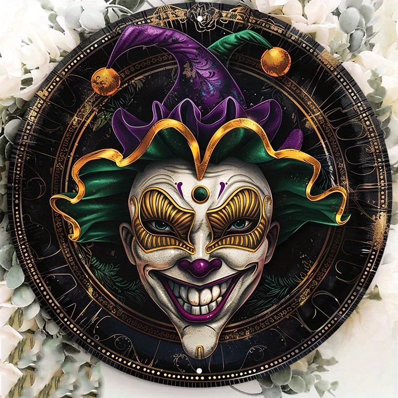 Mardi Gras Celebration Aluminum Sign, Featuring Laughing Jester Mask and Hat Design, Perfect for Door or Wall Decor, 8x8in, 1PC