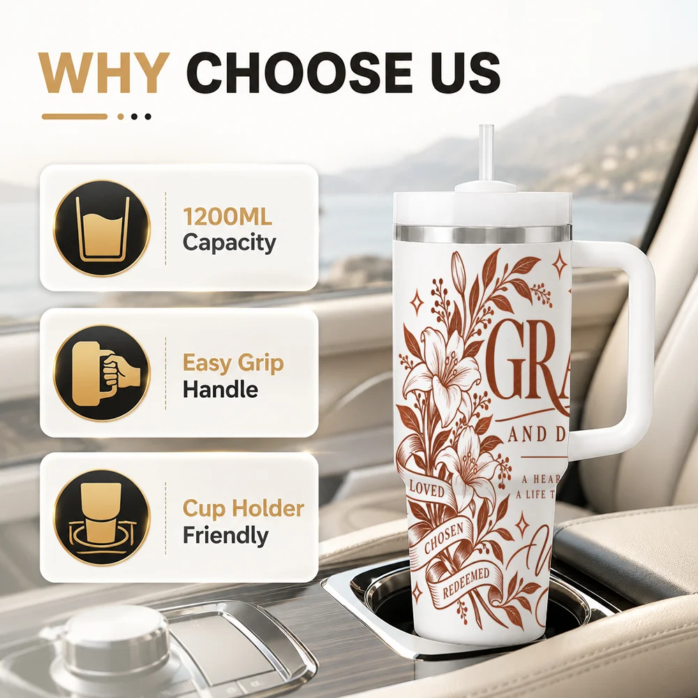 Christian Gift Buyers Vacuum Flasks 40oz Leakproof Steel Tumbler w/ Lid Straw Handle Hot Cold Drinks