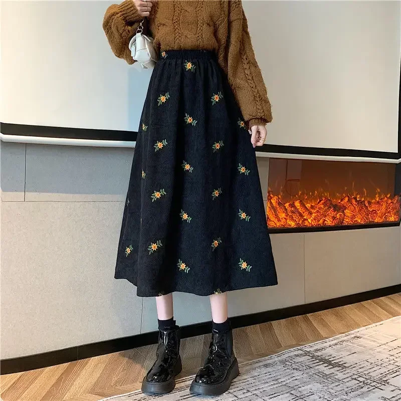 Vintage Corduroy Skirt Women Autumn Winter New Loose Embroidery Floral High Waist Long Skirts Female