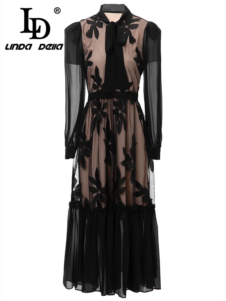 

LD LINDA DELLA New Runway Designer Dress Women Bow collar Embossed hollow Splice Draped High waist Transparent Travel Dress