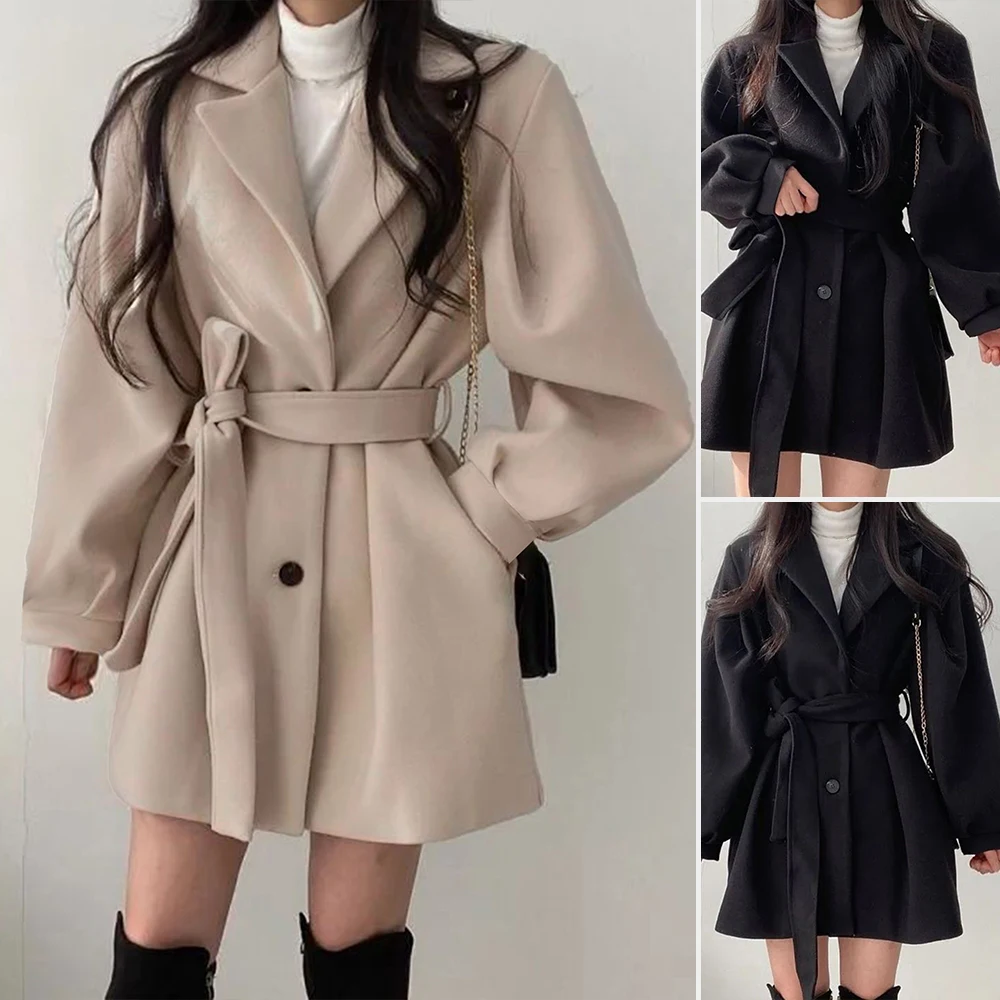 

Women's Coats Winter 2025 Elegant Solid Color Long Sleeve French Lapel Design Waist Lace-Up Slim Fit Trench Coat