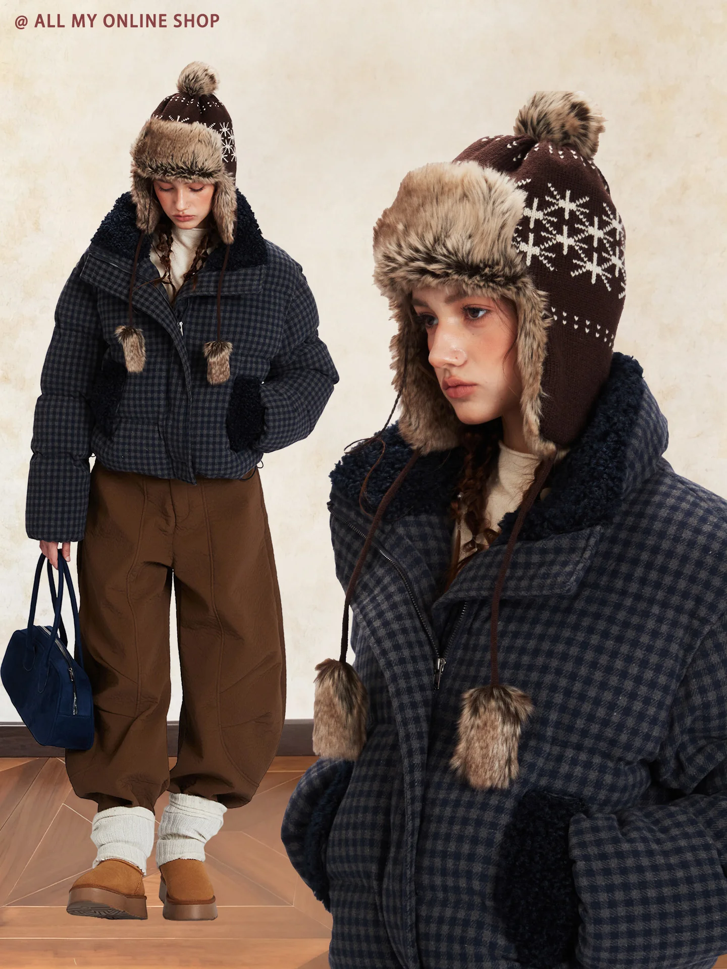 

ALL MY Retro Plaid Stand Collar ort Thiened Winter Warm Color Blo Fur Collar Bread Coat Women's Cotton Jaet
