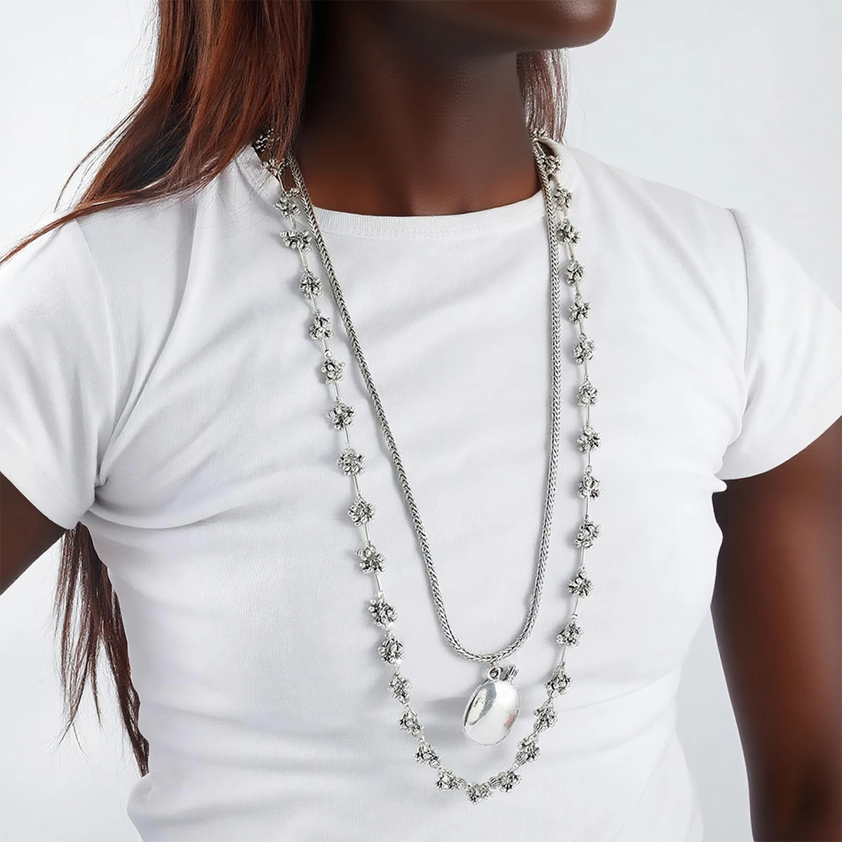 

Двухслойные винтажные серебряные цепочки с цветами и геометрическими подвесками для женщин, трендовые ювелирные украшения 2025 года, подарки