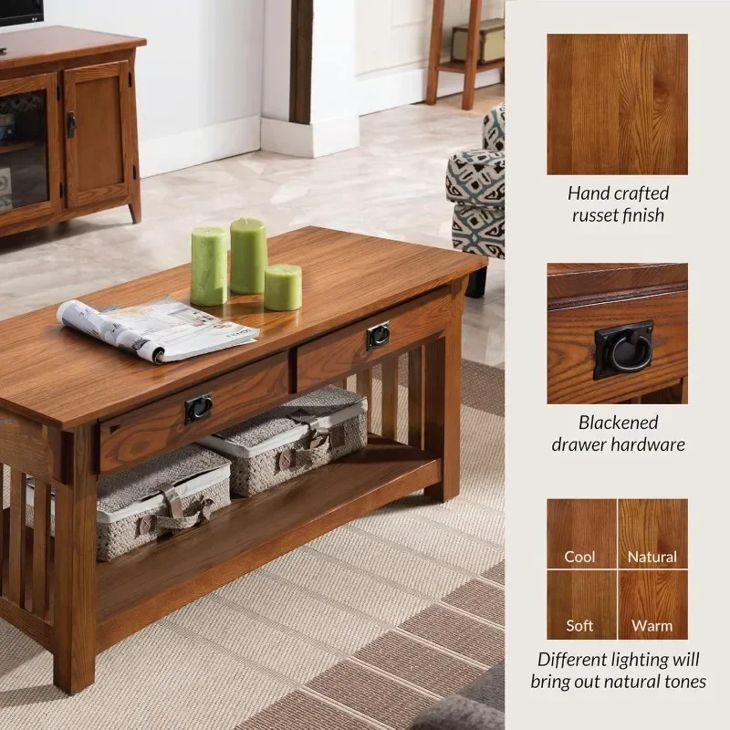 8204 Mission Impeccable Coffee Table for Living Room, Two Drawers and Shelf, Made with Solid Wood, Medium Oak Finish