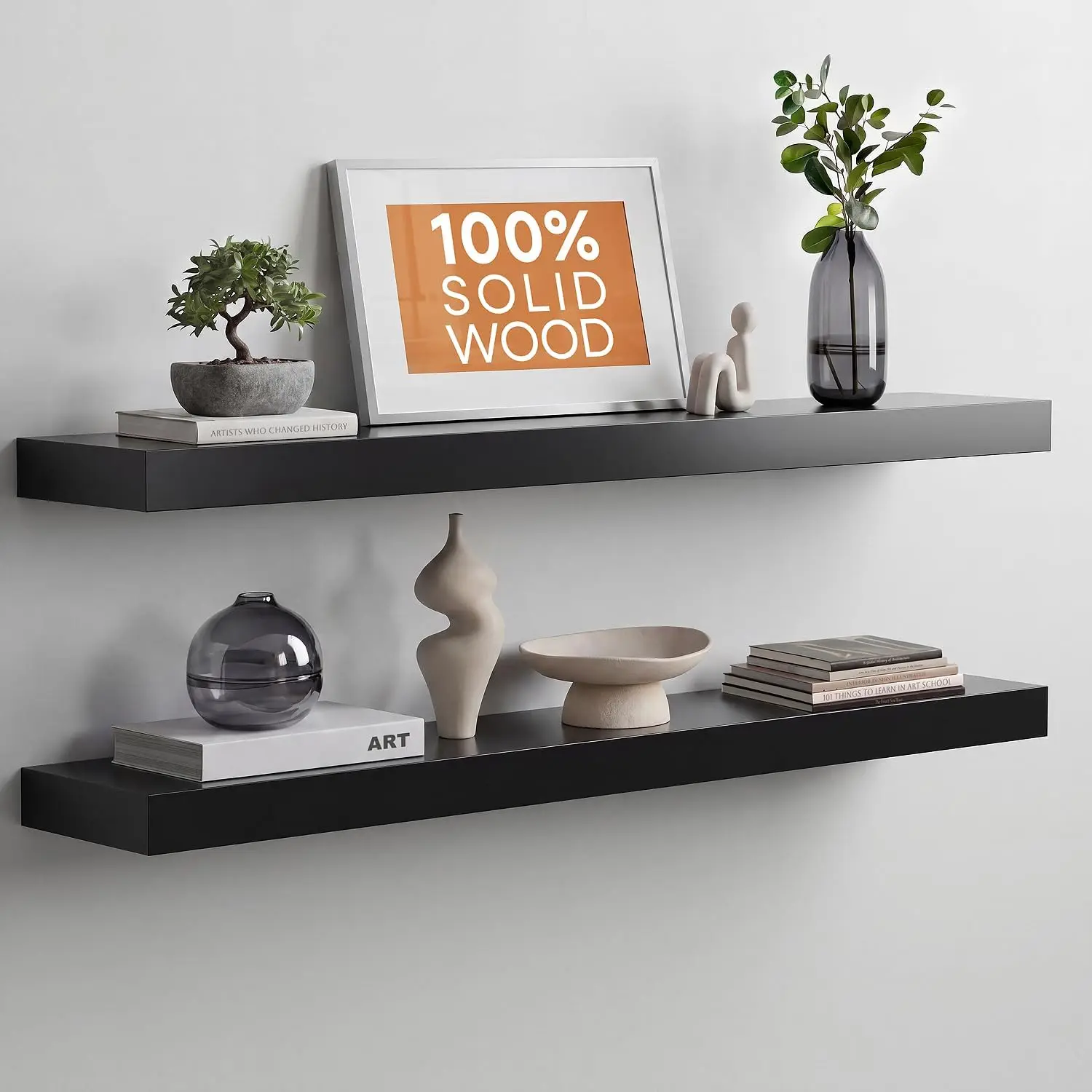 

Black Floating Shelves 36 inches Long High End Solid Real Wood Black Wooden 36 X 6.5 X 1.75 in Set of 2