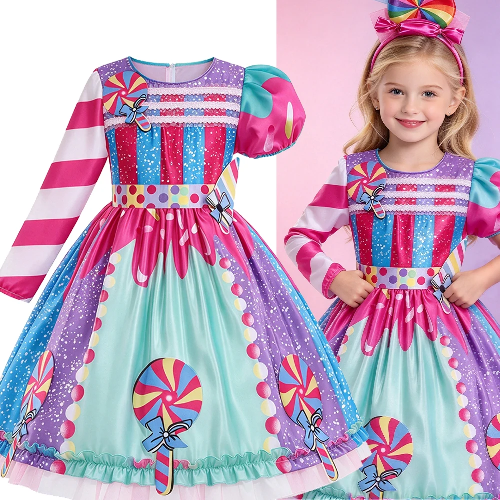 2026 Kinder Purim Verkleidung Regenbogen-Süßigkeitenkleid mit Stirnband Lollipop Cosplay Kostüm Kinderkleid Geburtstag Karneval Party Geschenk – Detail 2