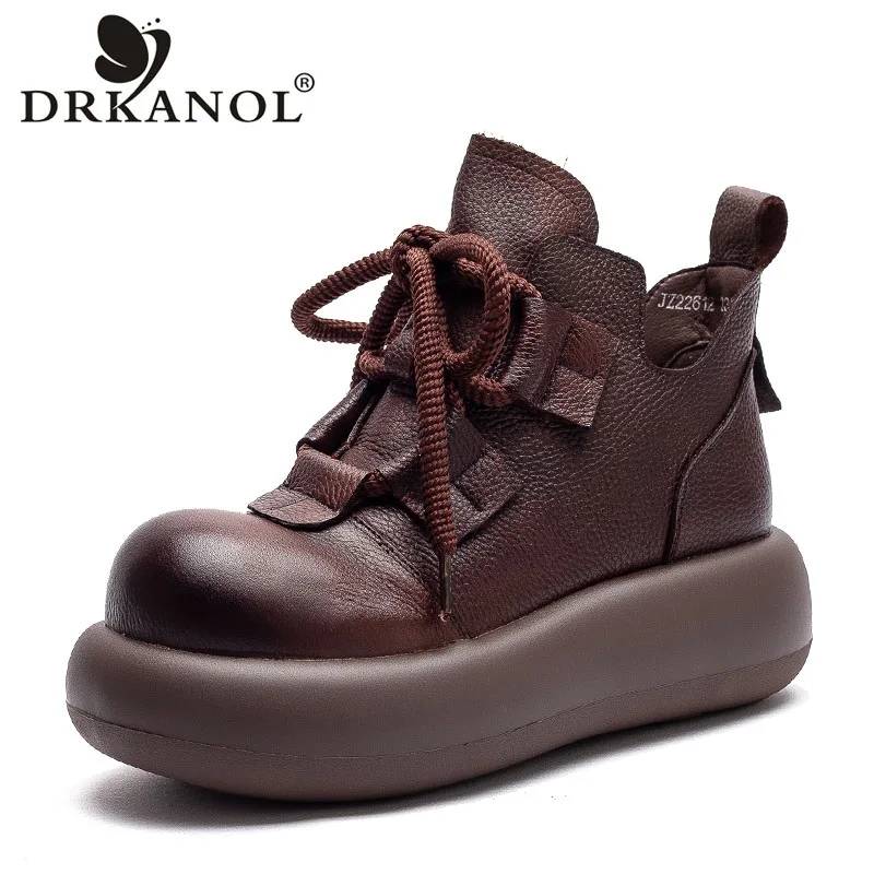 

DRKANOL Handmade Retro Style Chunky Platform Ankle Boots For Women Autumn Winter Big Toe Wedges Height Increasing Short Boots