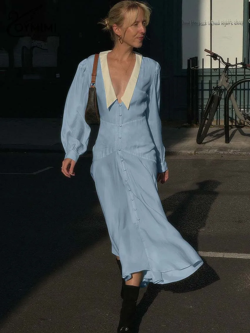 

Oymimi Elegant Blue Patchwork Women's Dress Fashion Lapel Long Sleeve Single Breasted Dresses Casual High Waist Mid-Calf Dresses