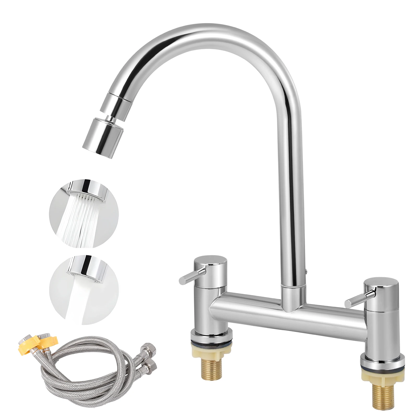 

Кухонный смеситель с 2 отверстиями и 2 функциями аэратора Смесители для раковины Двухрычажный мостовой кран Хромированный смеситель для раковины 360 ° Поворот 180ММ