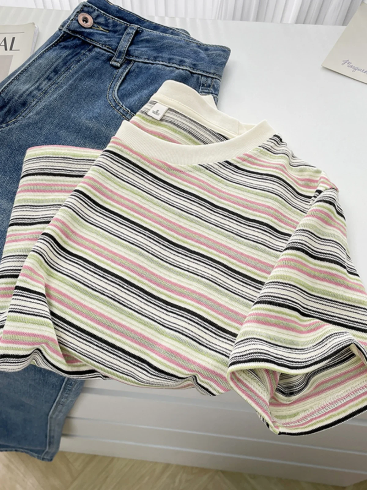 Summer College Style Striped Short Sleeve T-Shirt Women's Retro Small Size Korean System Shoulder Short Sleeve Top