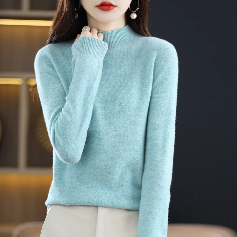 100% Merino pure wool sweater ladies autumn and winter new semi-turtleneck knitted long-sleeved solid color warm sweater
