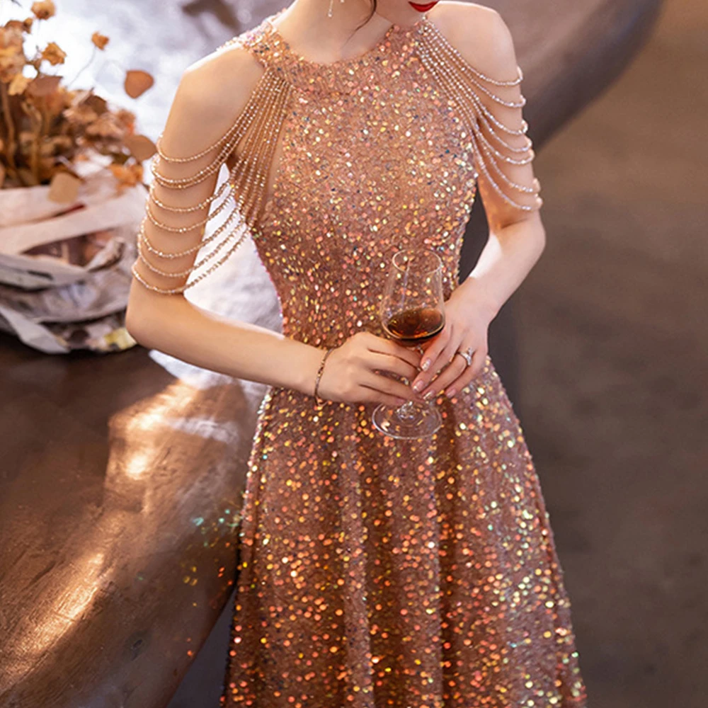 New Banquet Party Evening Golden Dresses Large Sequin Elegant for Prom 2023 Wedding