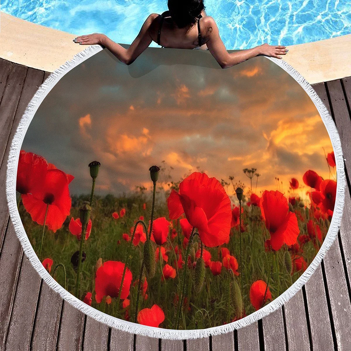 Botanical Poppy Floral Round Beach Towel Sand Resistant Shawl Beach Blanket,Absorbent Quick Dry Pool Towel Portable Picnic Mat