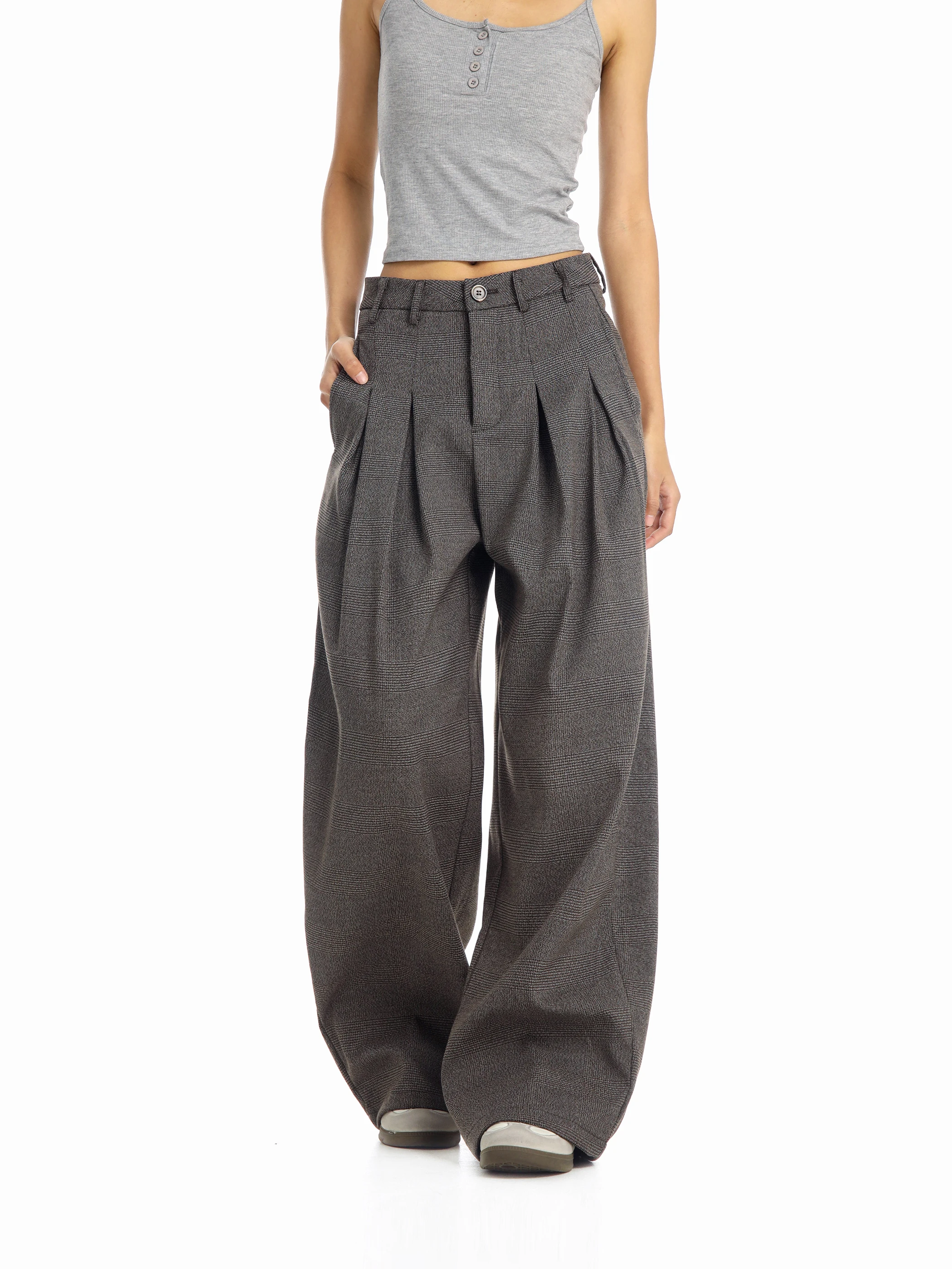 

Винтажные плиссированные брюки в клетку свободного кроя с широкими штанинами, женские прямые брюки в стиле Beer Captain Old Money, повседневные брюки