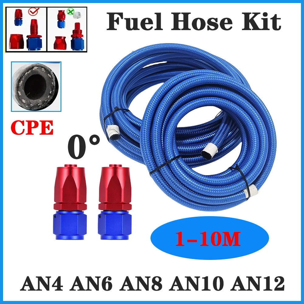 

1-10M AN4 AN6 AN8 AN10 AN12 CPE Fuel Line Hose Kit, E85 Nylon Braided Fuel Hose 2 PCS Swivel Fuel Hose End Fitting Adapters