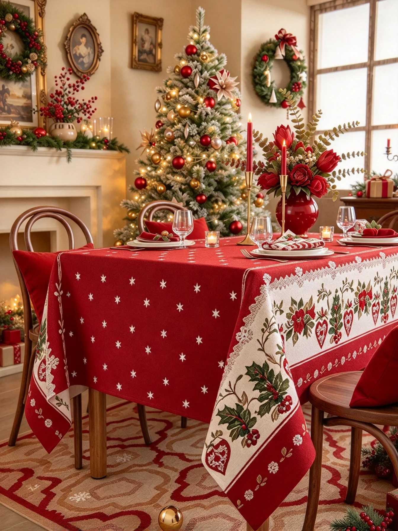 1Pcs Red Christmas Tablecloth Peach Skin Print Waterproof Stain-Resistant Rectangular Retro Cottagecore for Family Xmas Banquet