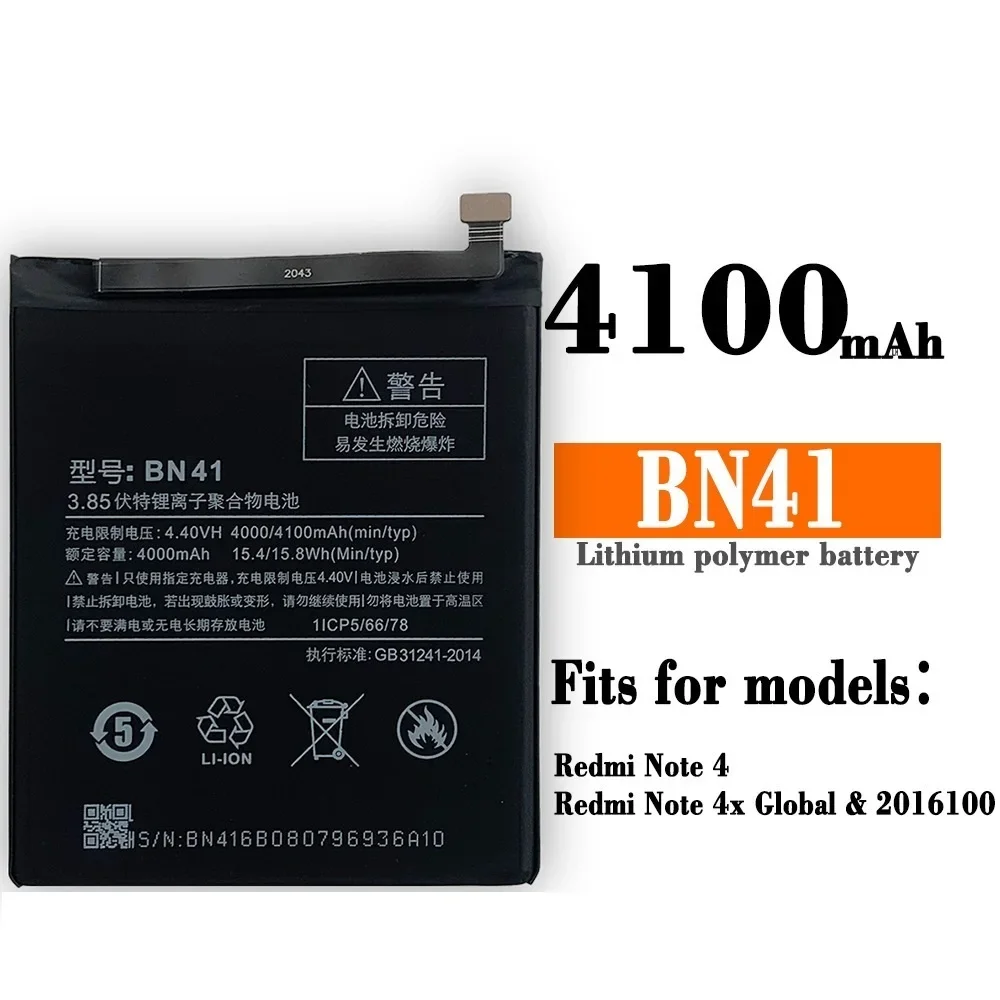 Battery BN41 4100 MAh For Xiaomi Redmi Note 4 Hongmi Note 4 / Note 4X MTK Helio X20 Phone Replacement Batteries