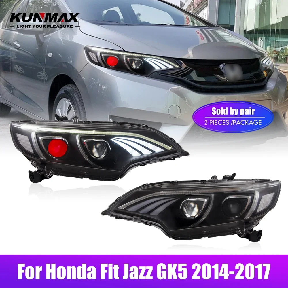 

Для Fit Jazz GK5 2014-2020 2x светодиодные фары в сборе, автомобильный Стайлинг, фара DRL, динамический тюнинговый свет, фары Plug and Play