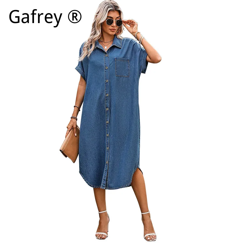 Women’s Plus Size 4XL 5XL Denim Dress Button Front Short Sleeve Midi Length Loose Fit Casual Jean Dress Summer Fashion 2026 New view 2