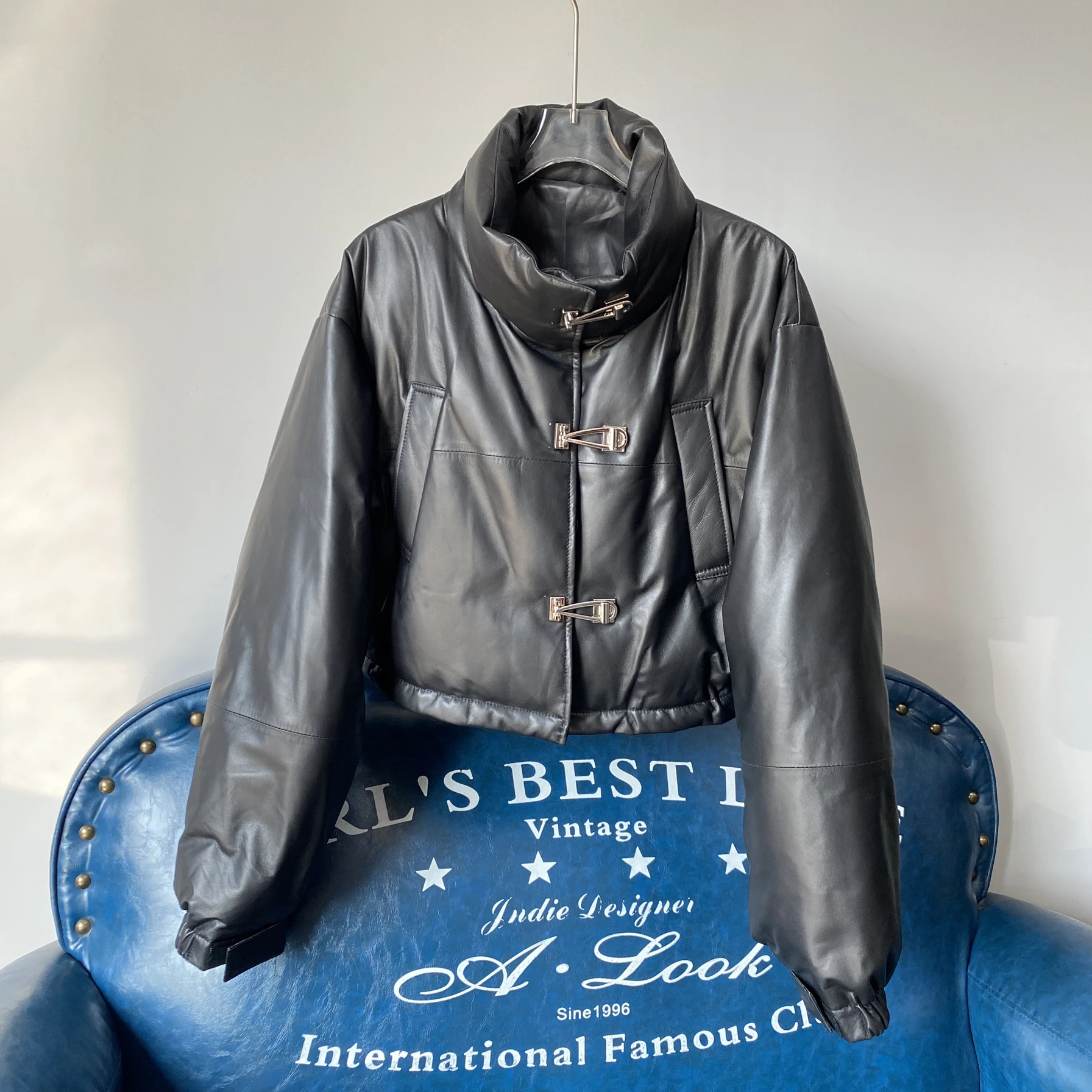 Haining Winter New Sle Women's ort Leather Jaet Stand Collar down Filled eepskin Single Button Coat Slim Fit Commute ...