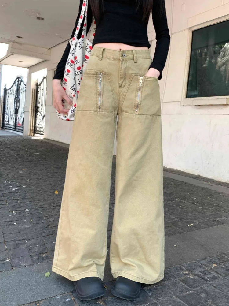 

2026 Ropa Y2K Fashion Zipper Design Khaki Baggy Casual Women's Jeans Pants For Woman Clothing Wide Leg Underwear Long Trousers