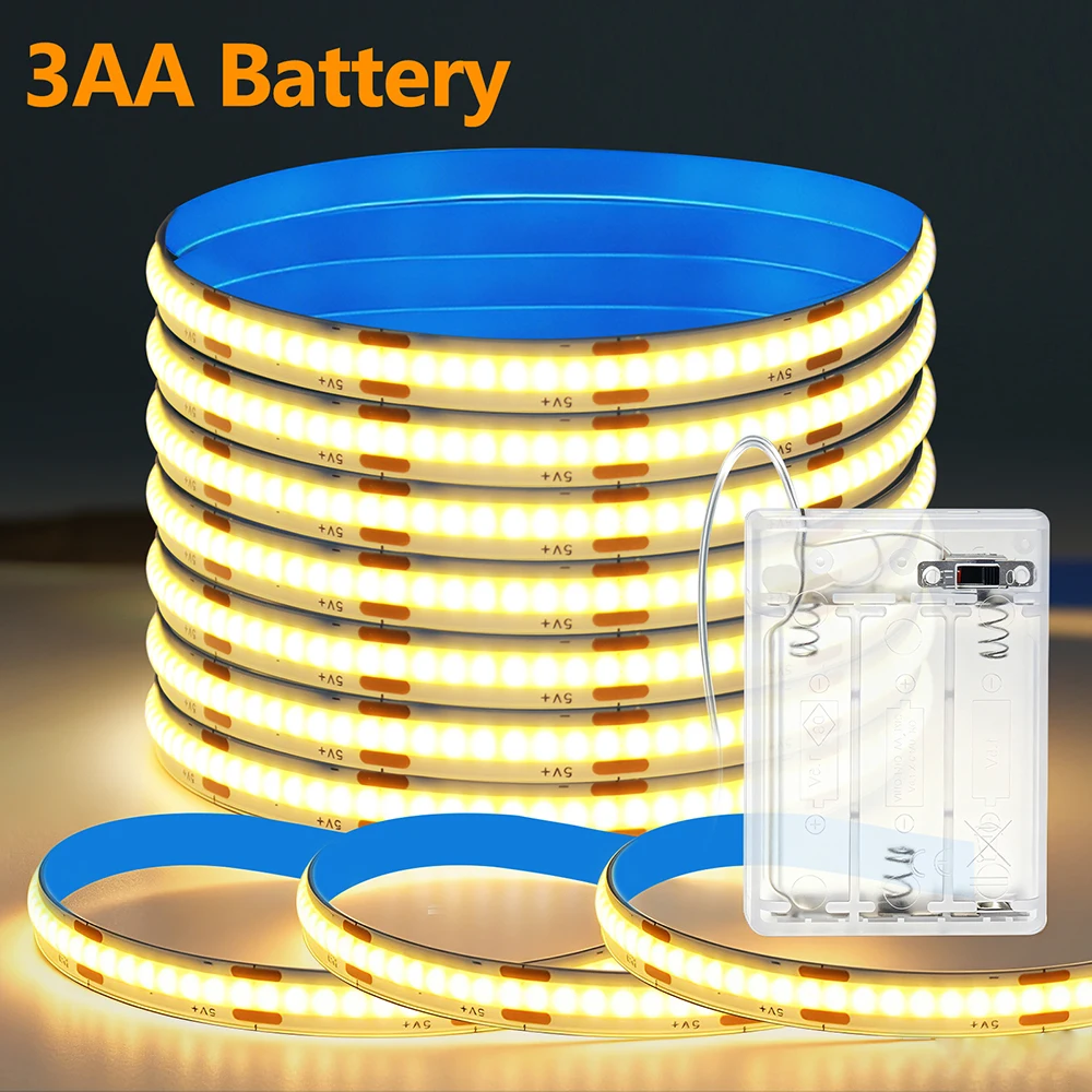 DIY Battery Power COB LED Strip Light for Night 5V 320LEDs/m Flex Tape with Switch Under Cabinet Nursery Bedroom Closet Lighting