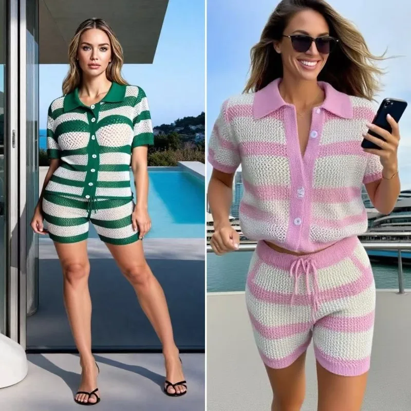

Summer Women's Striped Crochet Knit 2 Piece Set Polo Neck Openwork Cardigan Shirt High Waist Shorts Beachwear Vacation Outfits