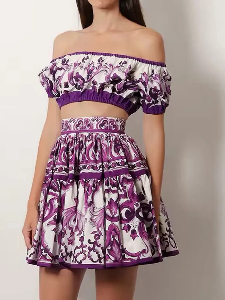 Holiday 2-piece summer new one-shoulder short-sleeved navel shirt+high waist blue-and-white porcelain printed skirt women's suit