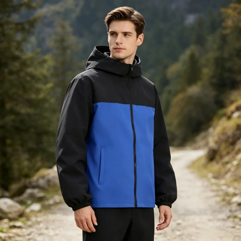 Men Clothing Hooded Spliced‑color Windbreaker Jacket Lightweight Waterproof Zipper Pocket Outdoor Tees Casual Sports Coat Tops